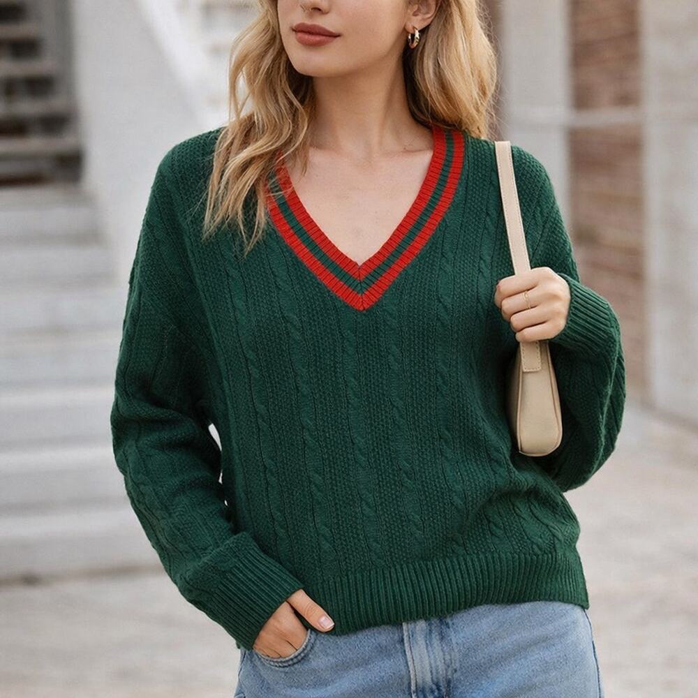 Shein Green Cable Knit Collegiate V Neck Sweater Sz S